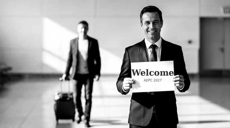 Ilustración: un anfitrión sonriente con traje sostiene un cartel de bienvenida en la sala de llegadas de un aeropuerto.